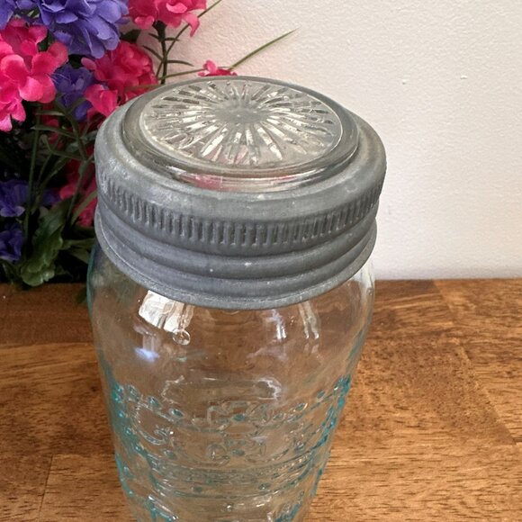 Vintage Aqua Blue Crown Mason Jar Embossed Canada Logo Antique Canning Jar - Picture 3 of 6